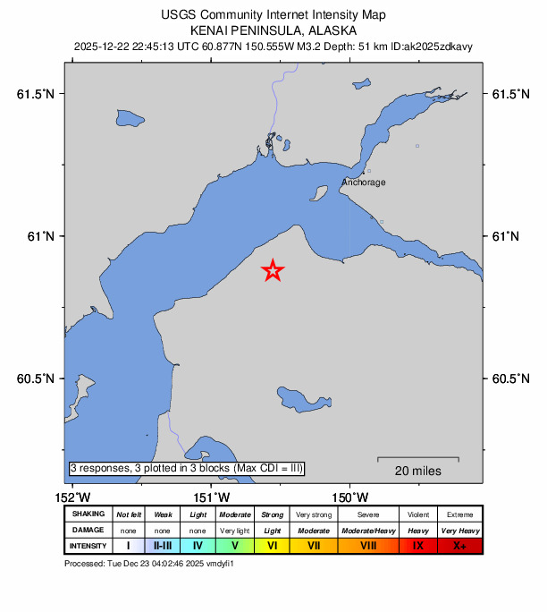 USGS DYFI community-reported intensity map for the M3.2 earthquake near 5 km ESE of Point Possession, Alaska