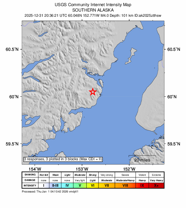 USGS DYFI community-reported intensity map for the M4.0 earthquake near 60 km W of Happy Valley, Alaska