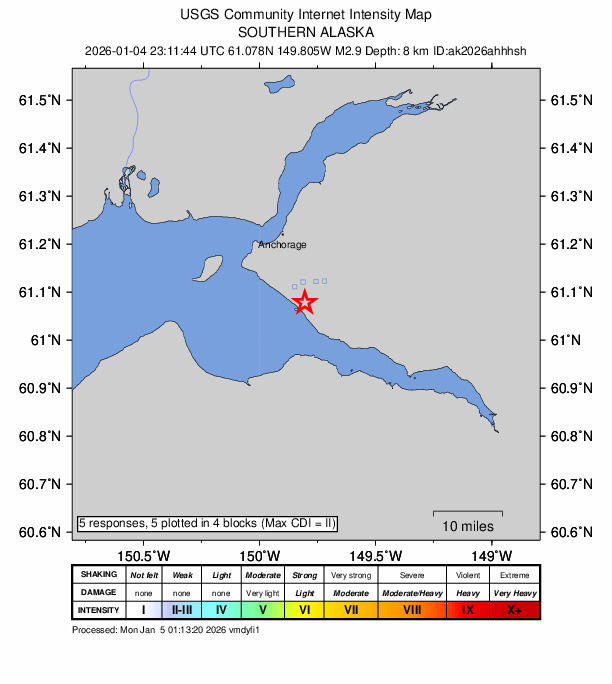 USGS DYFI community-reported intensity map for the M2.9 earthquake near 16 km SSE of Anchorage, Alaska