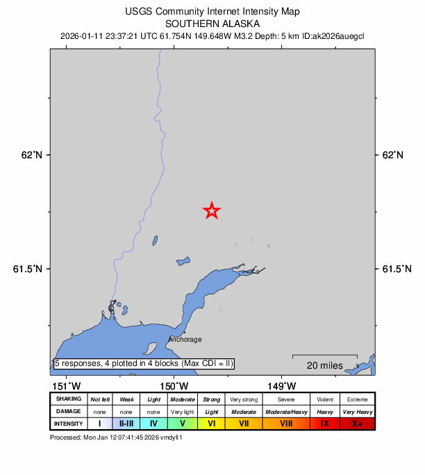 USGS DYFI community-reported intensity map for the M3.2 earthquake near 14 km N of Meadow Lakes, Alaska