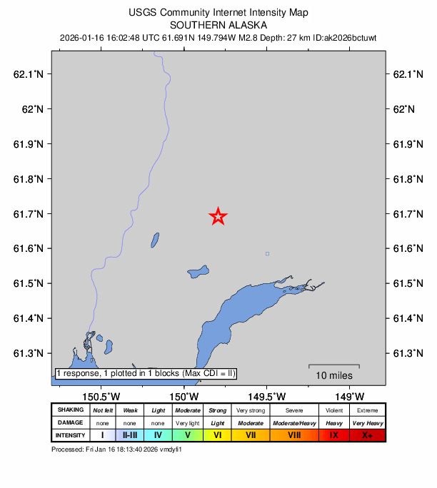 USGS DYFI community-reported intensity map for the M2.8 earthquake near 6 km N of Houston, Alaska