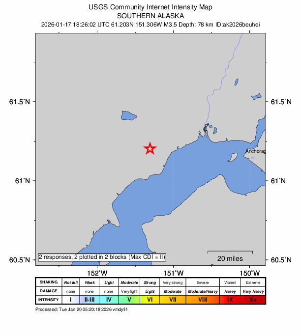 USGS DYFI community-reported intensity map for the M3.5 earthquake near 13 km WNW of Beluga, Alaska