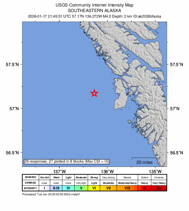 USGS DYFI community-reported intensity map for the M3.9 earthquake near 64 km W of Sitka, Alaska