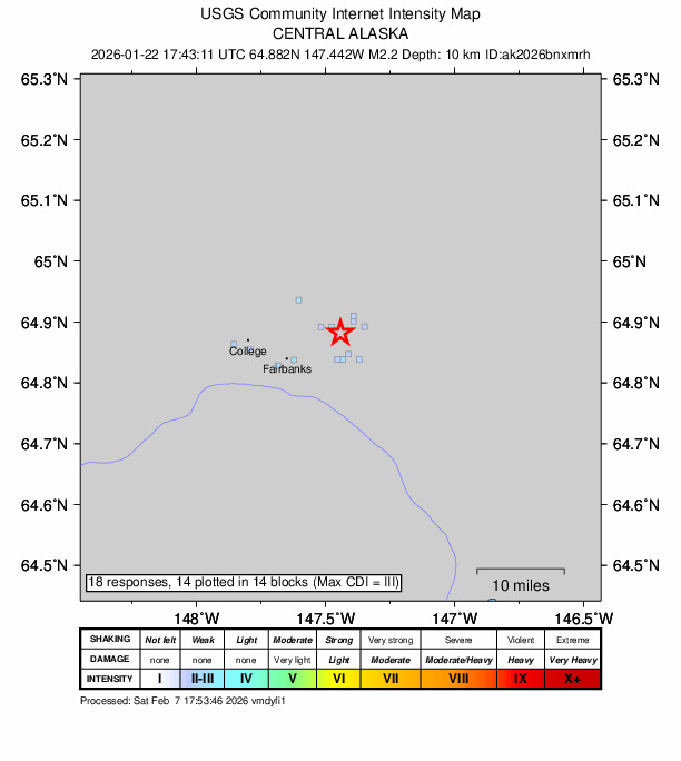 USGS DYFI community-reported intensity map for the M2.3 earthquake near 8 km NNE of Badger, Alaska