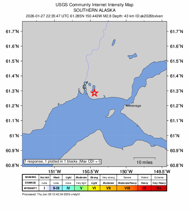 USGS DYFI community-reported intensity map for the M2.8 earthquake near 26 km WSW of Point MacKenzie, Alaska
