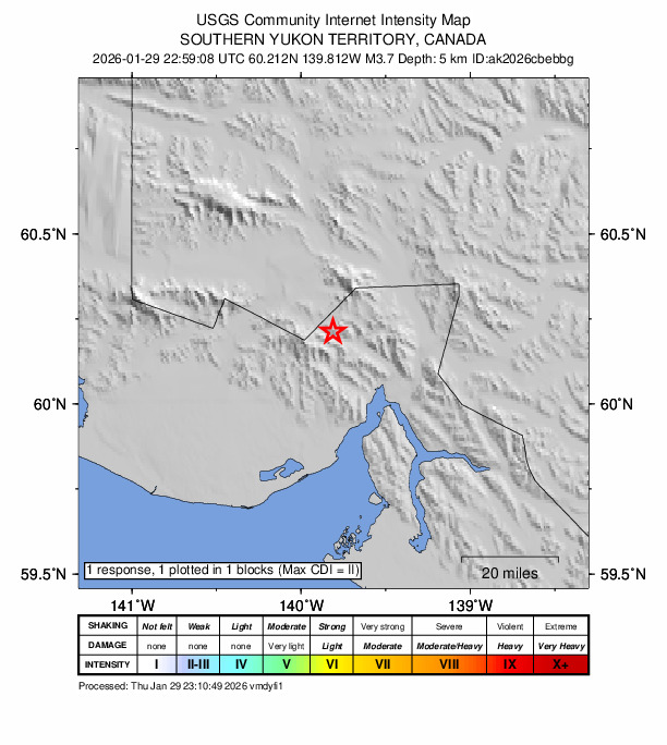 USGS DYFI community-reported intensity map for the M3.7 earthquake near 74 km N of Yakutat, Alaska