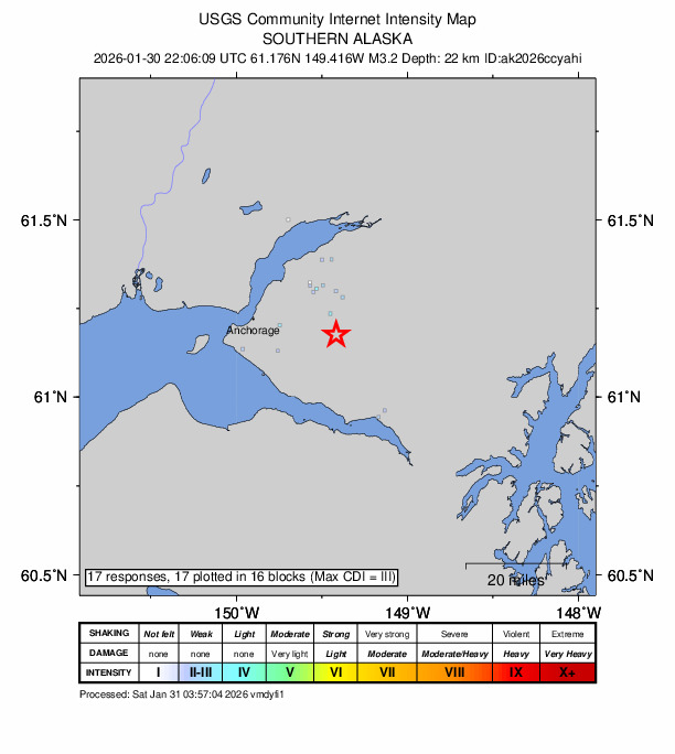USGS DYFI community-reported intensity map for the M3.2 earthquake near 14 km SE of Elmendorf Air Force Base, Alaska