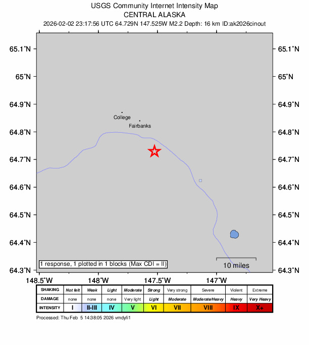 USGS DYFI community-reported intensity map for the M2.2 earthquake near 7 km S of Badger, Alaska