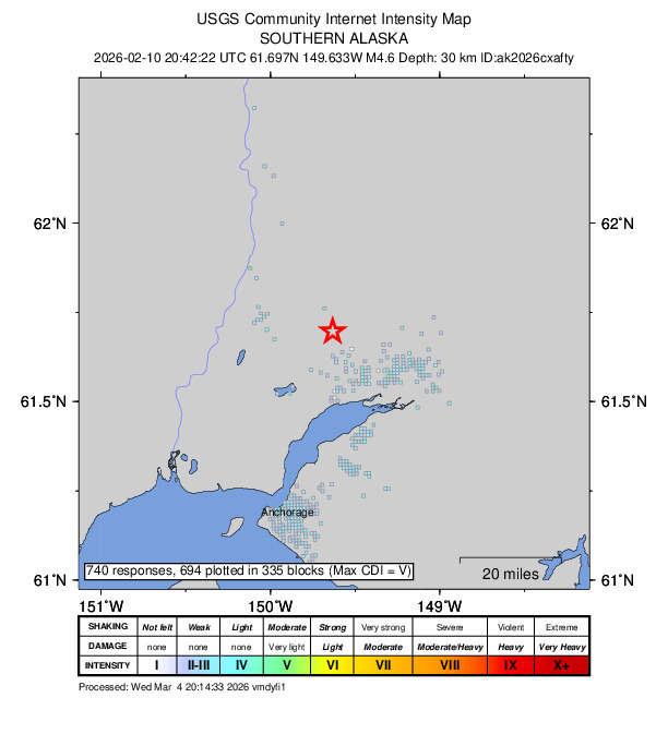 USGS DYFI community-reported intensity map for the M4.6 earthquake near 8 km NNW of Meadow Lakes, Alaska