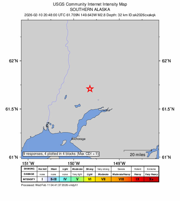 USGS DYFI community-reported intensity map for the M2.8 earthquake near 9 km NNW of Meadow Lakes, Alaska