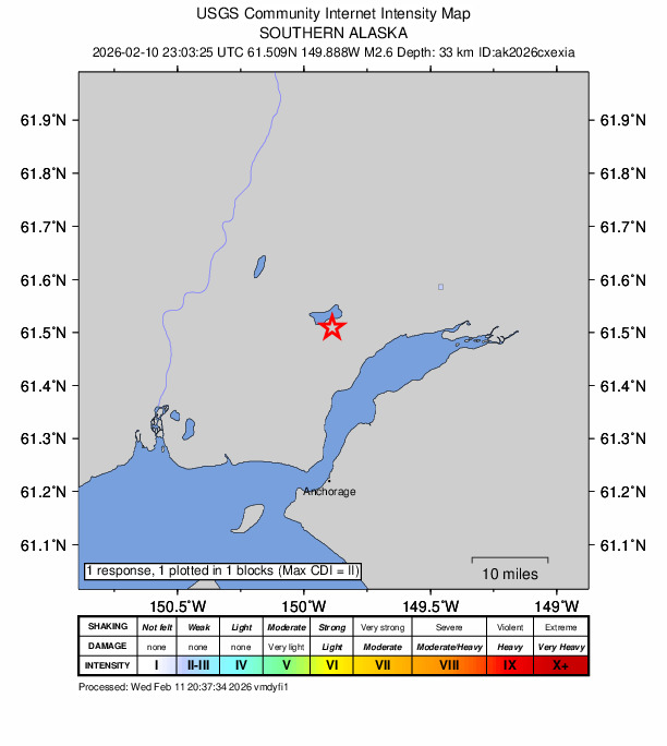 USGS DYFI community-reported intensity map for the M2.6 earthquake near 3 km ESE of Big Lake, Alaska