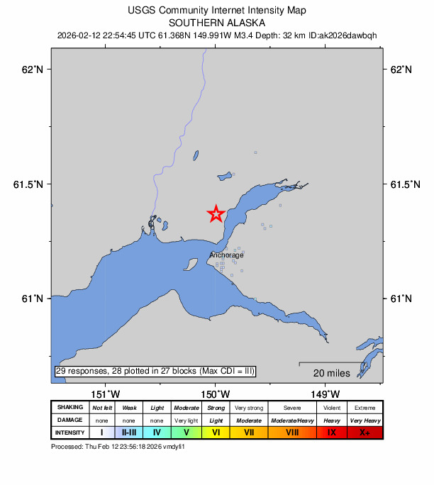 USGS DYFI community-reported intensity map for the M3.3 earthquake near 1 km NNW of Point MacKenzie, Alaska