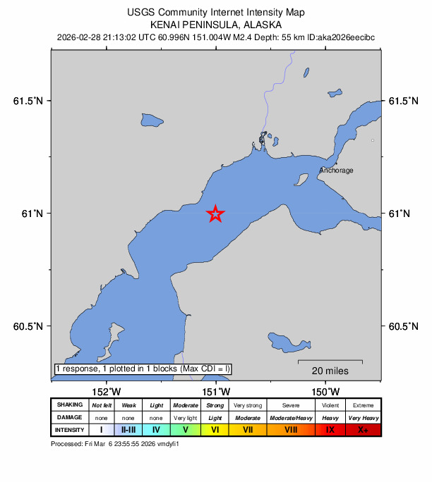 USGS DYFI community-reported intensity map for the M2.4 earthquake near 10 km SE of Tyonek, Alaska