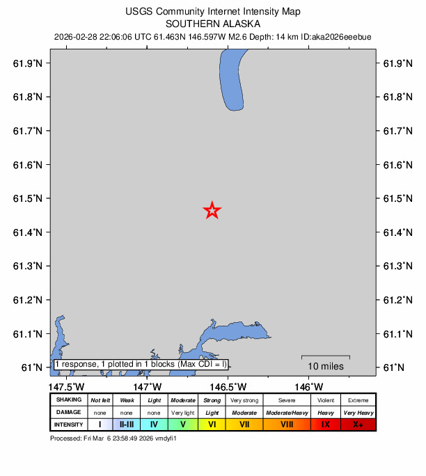 USGS DYFI community-reported intensity map for the M2.6 earthquake near 39 km NNW of Valdez, Alaska
