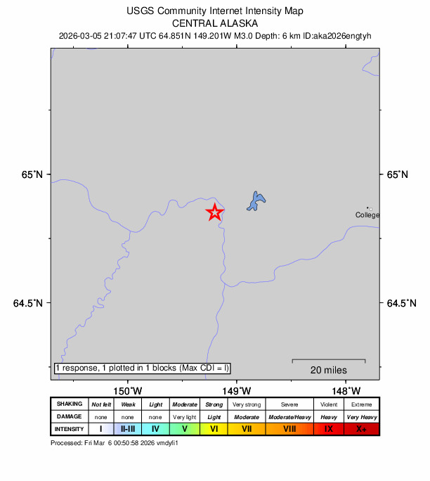 USGS DYFI community-reported intensity map for the M3.0 earthquake near 27 km N of Four Mile Road, Alaska