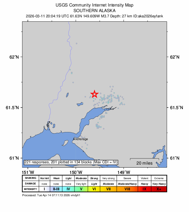 USGS DYFI community-reported intensity map for the M3.7 earthquake near 0 km NW of Meadow Lakes, Alaska