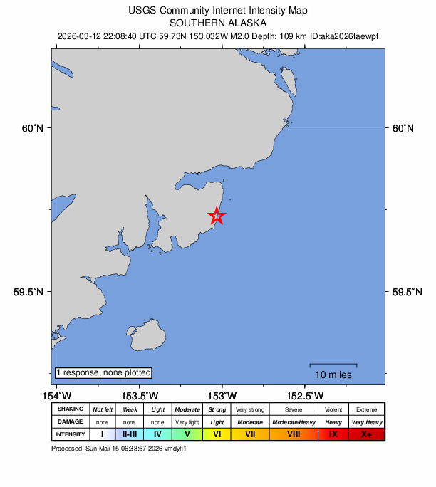 USGS DYFI community-reported intensity map for the M2.0 earthquake near 60 km E of Pedro Bay, Alaska