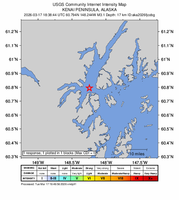 USGS DYFI community-reported intensity map for the M3.1 earthquake near 24 km E of Whittier, Alaska