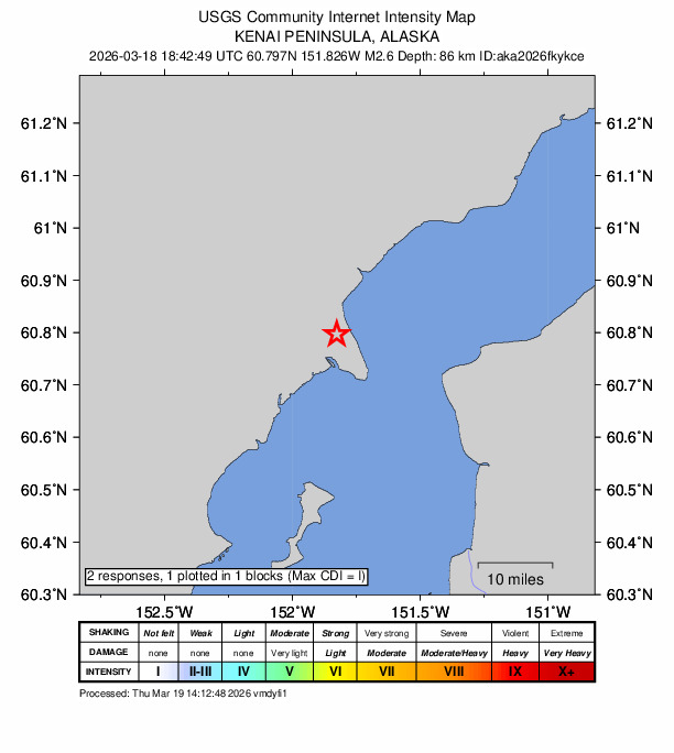 USGS DYFI community-reported intensity map for the M2.6 earthquake near 31 km WNW of Nikiski, Alaska