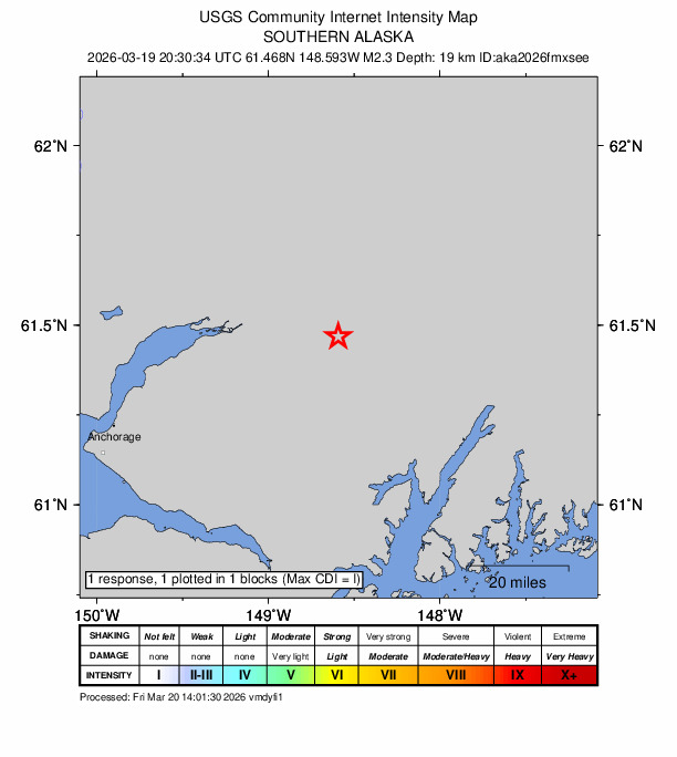 USGS DYFI community-reported intensity map for the M2.3 earthquake near 17 km E of Knik River, Alaska
