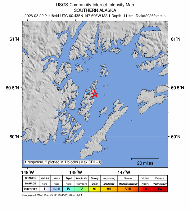 USGS DYFI community-reported intensity map for the M2.1 earthquake near 46 km NNE of Chenega, Alaska