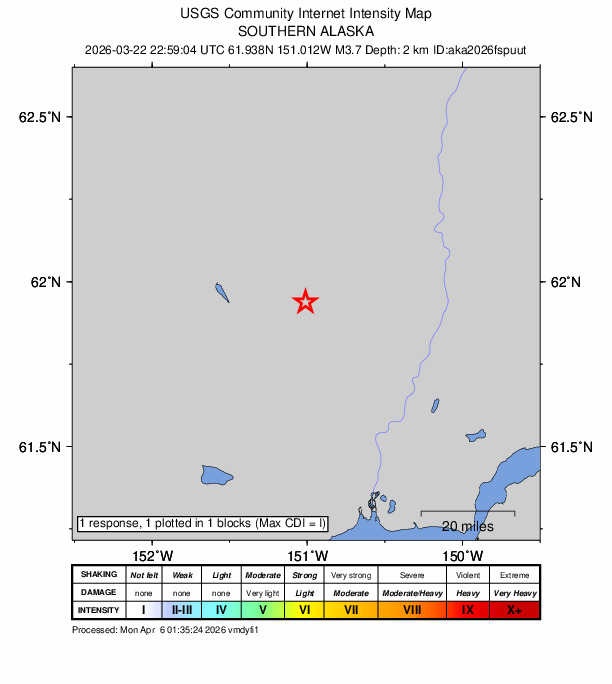 USGS DYFI community-reported intensity map for the M3.7 earthquake near 21 km ESE of Skwentna, Alaska