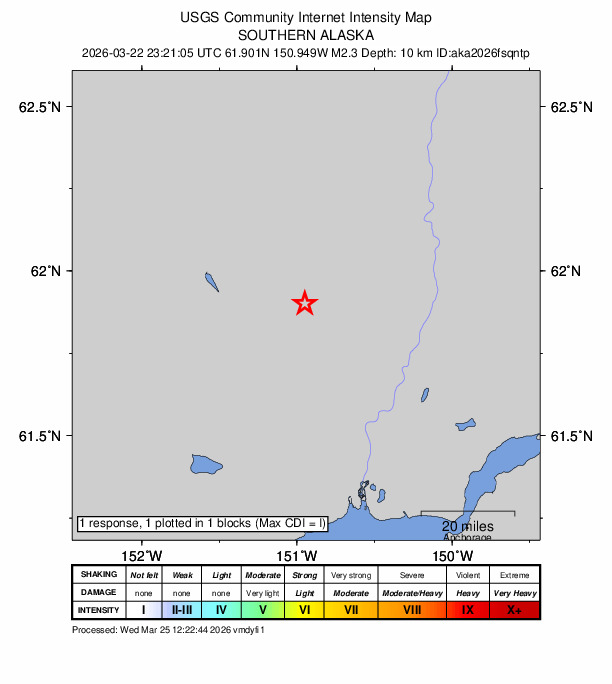USGS DYFI community-reported intensity map for the M2.3 earthquake near 25 km ESE of Skwentna, Alaska