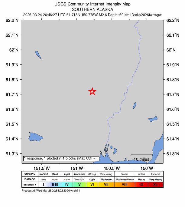 USGS DYFI community-reported intensity map for the M2.6 earthquake near 23 km NW of Susitna, Alaska