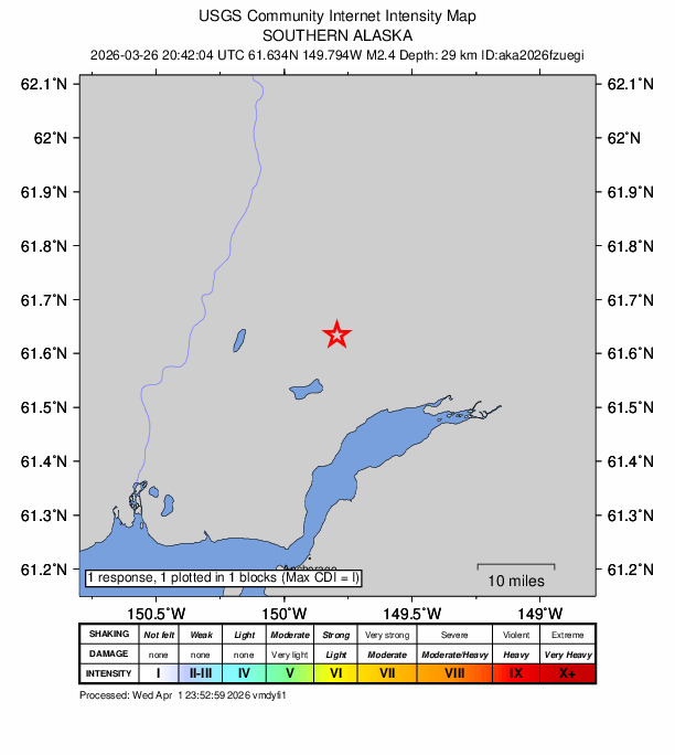USGS DYFI community-reported intensity map for the M2.4 earthquake near 1 km ENE of Houston, Alaska