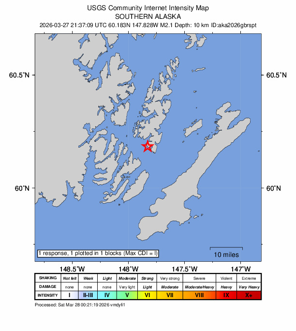 USGS DYFI community-reported intensity map for the M2.1 earthquake near 16 km NE of Chenega, Alaska