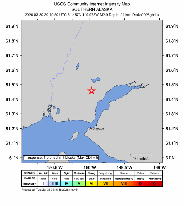 USGS DYFI community-reported intensity map for the M2.0 earthquake near 7 km S of Big Lake, Alaska