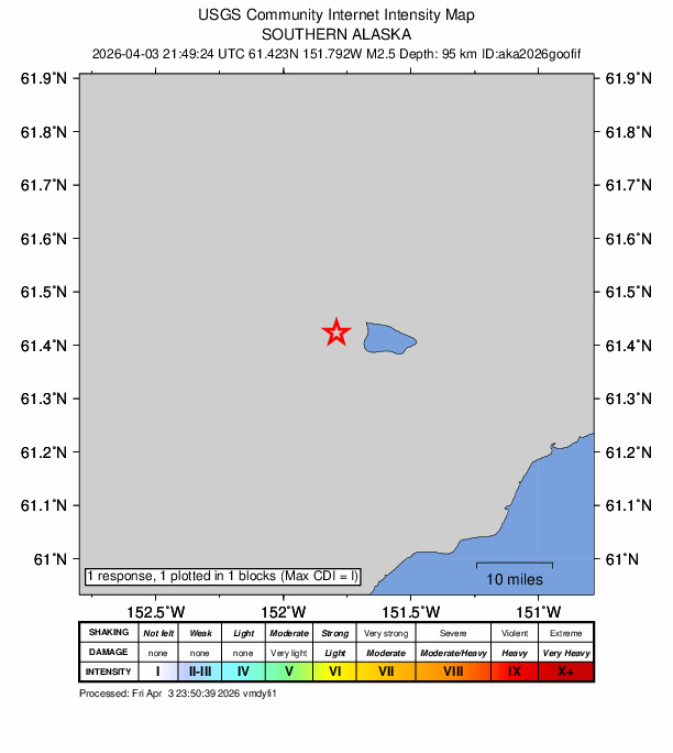 USGS DYFI community-reported intensity map for the M2.5 earthquake near 49 km NW of Beluga, Alaska