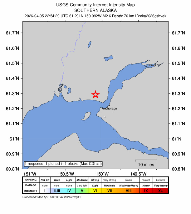 USGS DYFI community-reported intensity map for the M2.5 earthquake near 5 km WNW of Point MacKenzie, Alaska