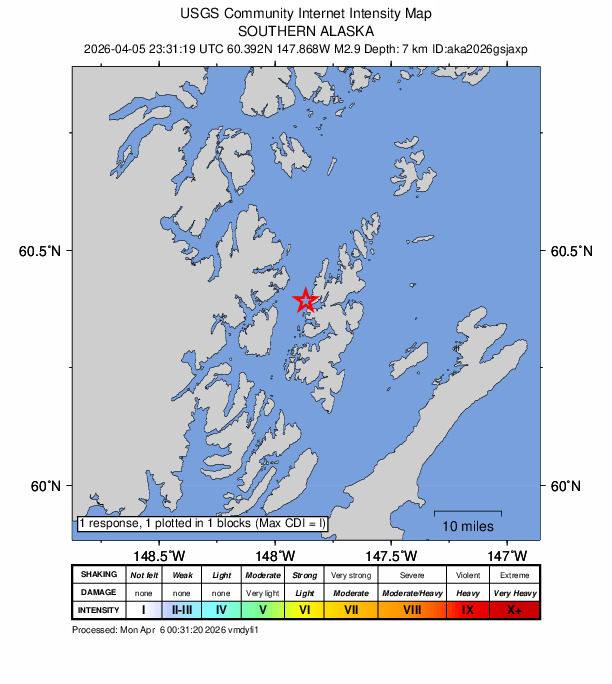 USGS DYFI community-reported intensity map for the M3.0 earthquake near 37 km NNE of Chenega, Alaska