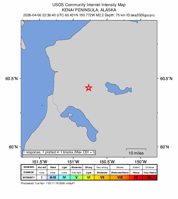 USGS DYFI community-reported intensity map for the M2.2 earthquake near 7 km S of Funny River, Alaska