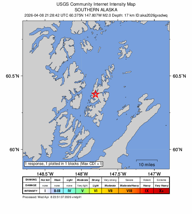 USGS DYFI community-reported intensity map for the M2.0 earthquake near 36 km NNE of Chenega, Alaska