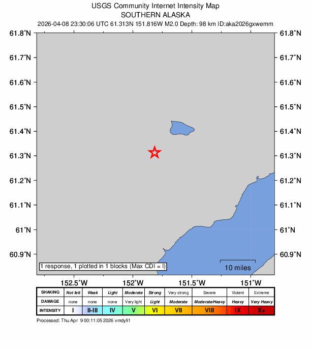 USGS DYFI community-reported intensity map for the M2.0 earthquake near 43 km WNW of Beluga, Alaska
