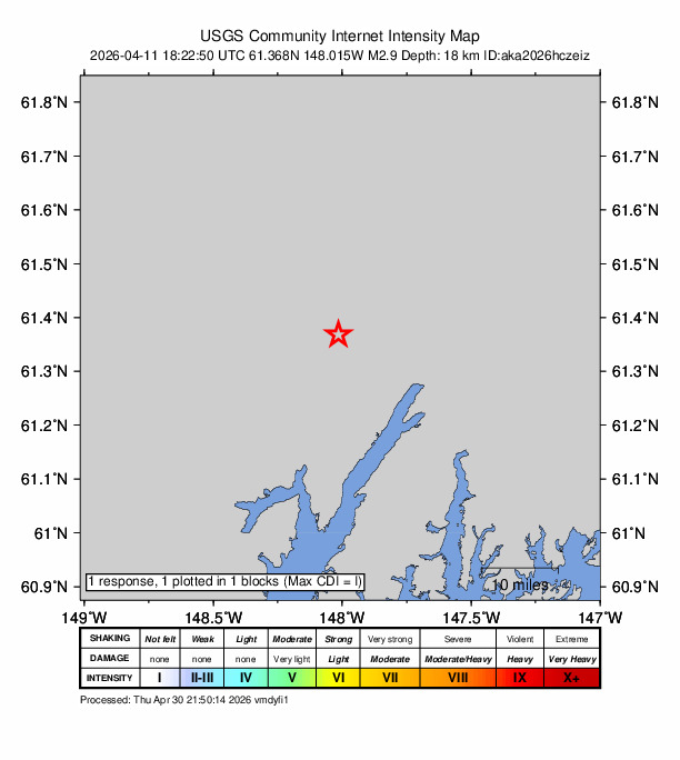 USGS DYFI community-reported intensity map for the M2.9 earthquake near 49 km ESE of Knik River, Alaska
