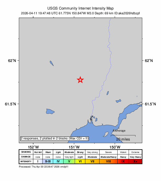 USGS DYFI community-reported intensity map for the M3.0 earthquake near 31 km NW of Susitna, Alaska
