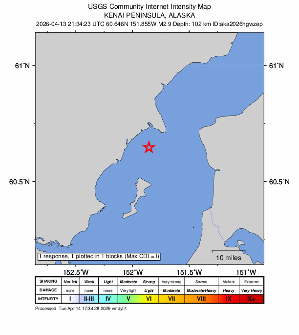 USGS DYFI community-reported intensity map for the M2.9 earthquake near 29 km W of Salamatof, Alaska