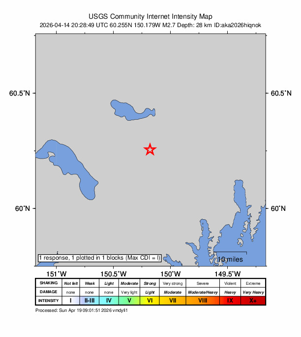USGS DYFI community-reported intensity map for the M2.7 earthquake near 32 km SW of Cooper Landing, Alaska