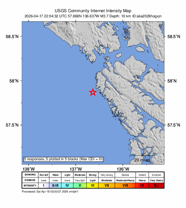 USGS DYFI community-reported intensity map for the M3.7 earthquake near 26 km WSW of Pelican, Alaska
