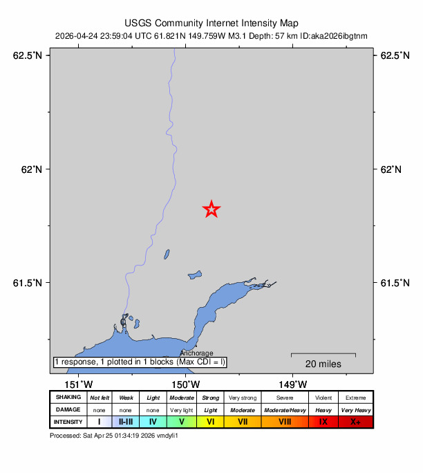 USGS DYFI community-reported intensity map for the M3.1 earthquake near 16 km ENE of Willow, Alaska