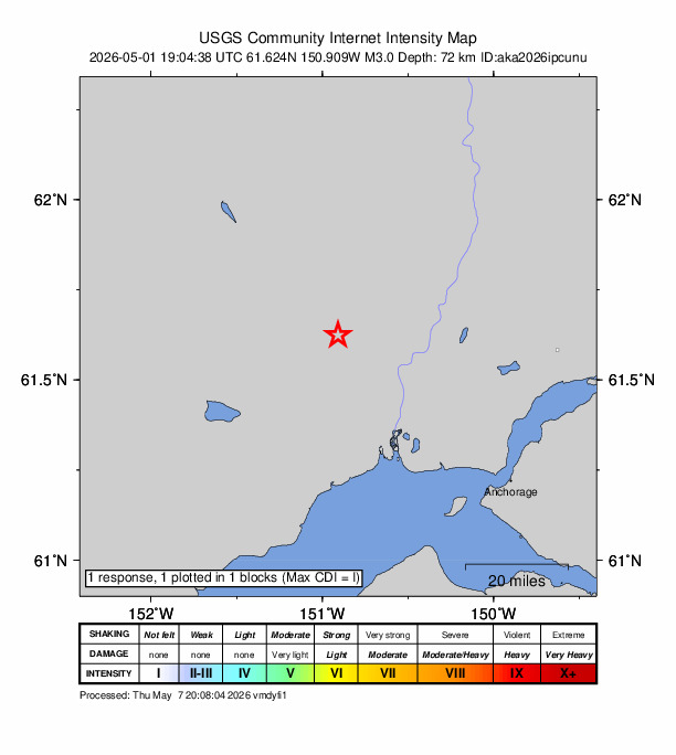 USGS DYFI community-reported intensity map for the M3.0 earthquake near 22 km WNW of Susitna, Alaska