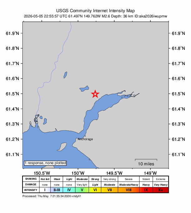 USGS DYFI community-reported intensity map for the M2.6 earthquake near 4 km NNW of Knik, Alaska