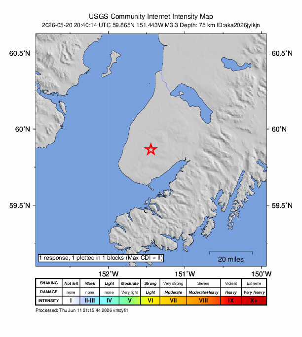 USGS DYFI community-reported intensity map for the M3.3 earthquake near 11 km ENE of Nikolaevsk, Alaska