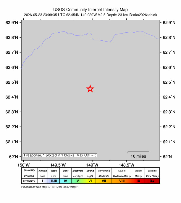 USGS DYFI community-reported intensity map for the M2.5 earthquake near 53 km NE of Susitna North, Alaska