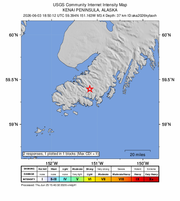 USGS DYFI community-reported intensity map for the M3.4 earthquake near 22 km S of Halibut Cove, Alaska