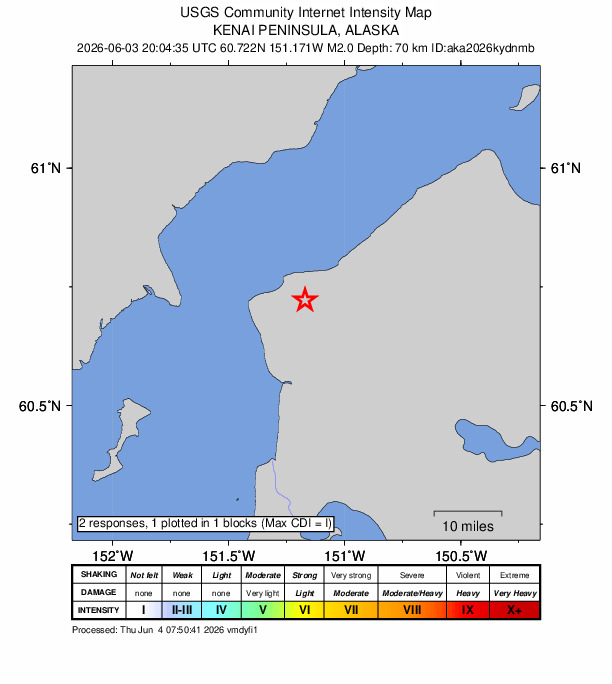 USGS DYFI community-reported intensity map for the M2.0 earthquake near 7 km ENE of Nikiski, Alaska