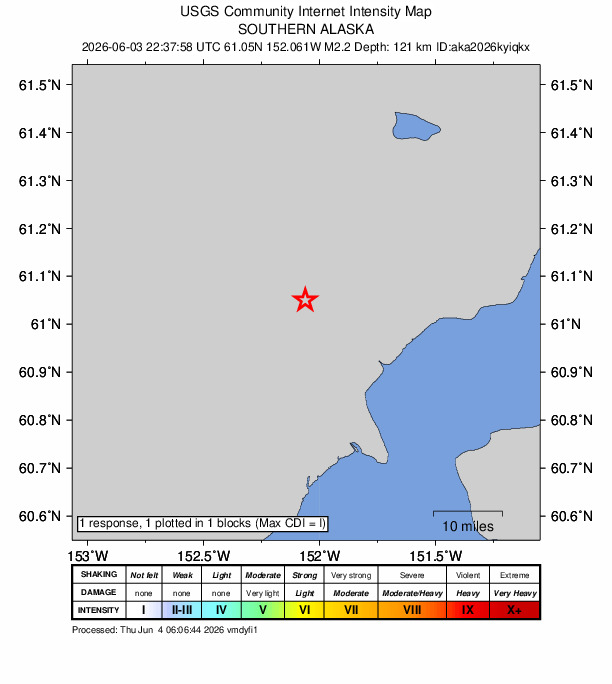 USGS DYFI community-reported intensity map for the M2.2 earthquake near 49 km W of Tyonek, Alaska